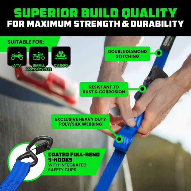 Alt view image 3 of 7 - Retractable Ratchet Straps (4-Pack) - 1in x 10ft, Blue 1,209lb Break Strength, Auto Self Retracting Design. For Truck, Cargo Trailer, Motorcycle, ATV & UTV Tie Downs. Blue