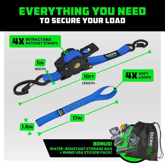 Alt view image 5 of 7 - Retractable Ratchet Straps (4-Pack) - 1in x 10ft, Blue 1,209lb Break Strength, Auto Self Retracting Design. For Truck, Cargo Trailer, Motorcycle, ATV & UTV Tie Downs. Blue