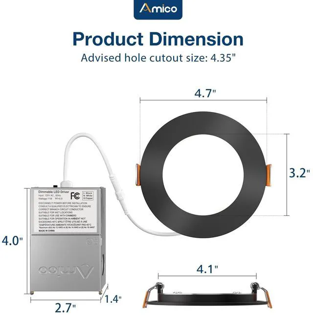 Alt view image 6 of 7 - 12 Pack 4 Inch LED Recessed Lighting, Canless Wafer Downlight, Black 5CCT 2700K-5000K, 5%-100% Dimmable, Ultra-thin, Metal housing, 800LM 11W 120V, IC & Damp Rated, ETL & FCC, 50000h Life Span