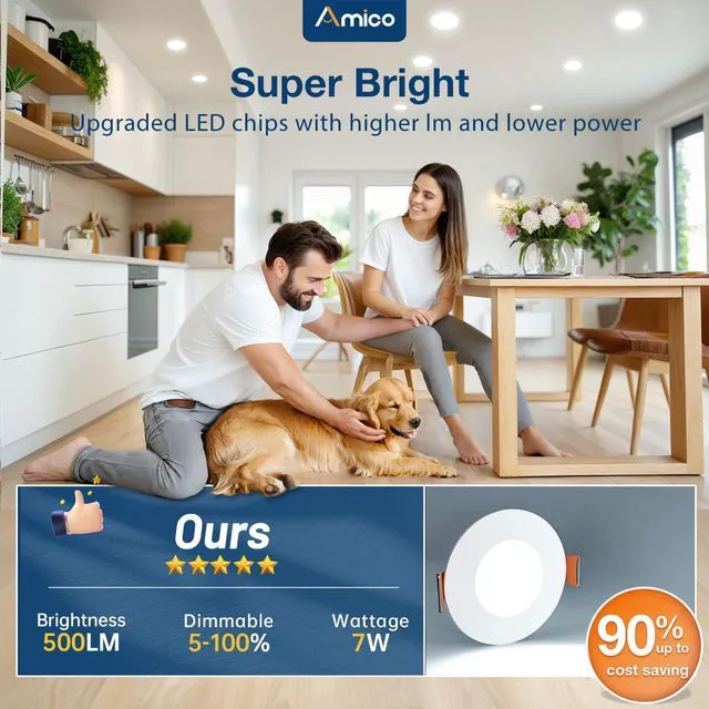 Alt view image 3 of 7 - 12 Pack 3 Inch LED Recessed Lighting, Canless Wafer Downlight, White 5CCT 2700K-5000K, 5%-100% Dimmable, Ultra-thin, Metal housing, 500LM 7W 120V, IC & Damp Rated, ETL & FCC, 50000h Life Span