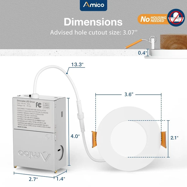 Alt view image 6 of 7 - 12 Pack 3 Inch LED Recessed Lighting, Canless Wafer Downlight, White 5CCT 2700K-5000K, 5%-100% Dimmable, Ultra-thin, Metal housing, 500LM 7W 120V, IC & Damp Rated, ETL & FCC, 50000h Life Span