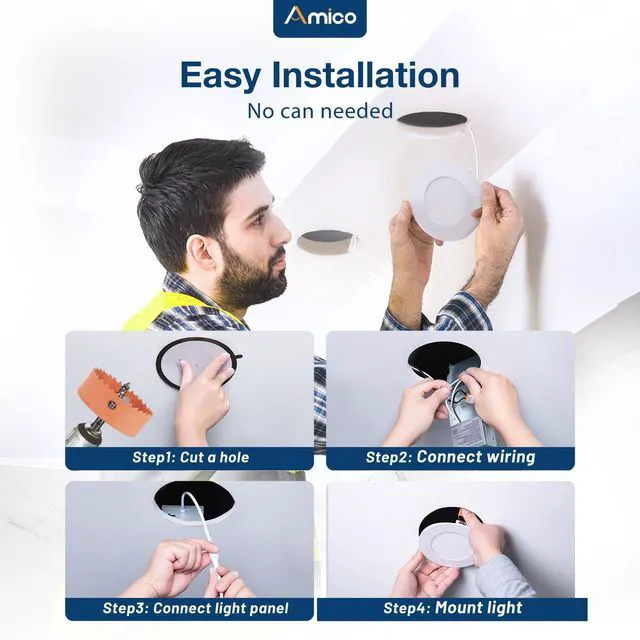 Alt view image 4 of 7 - 12 Pack 3 Inch LED Recessed Lighting, Canless Wafer Downlight, White 5CCT 2700K-5000K, 5%-100% Dimmable, Ultra-thin, Metal housing, 500LM 7W 120V, IC & Damp Rated, ETL & FCC, 50000h Life Span