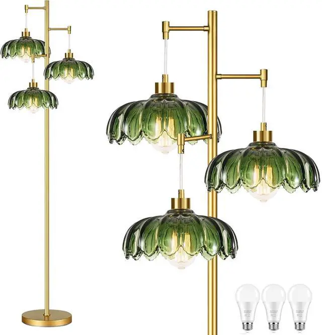 Main image of Glass Gold Floor Lamp for Living Room,Bedroom,Mid Century Modern Standing Lamp Brass Tree 3 Light Tall Floor Lamps Vintage Retro Floor Lights Green Flower Lamp Shade Farmhouse Boho Bohemian