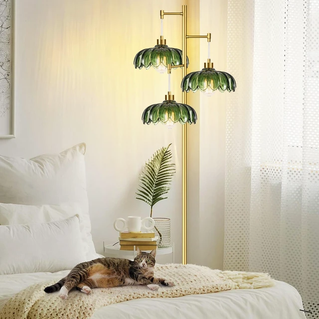 Alt view image 2 of 7 - Glass Gold Floor Lamp for Living Room,Bedroom,Mid Century Modern Standing Lamp Brass Tree 3 Light Tall Floor Lamps Vintage Retro Floor Lights Green Flower Lamp Shade Farmhouse Boho Bohemian