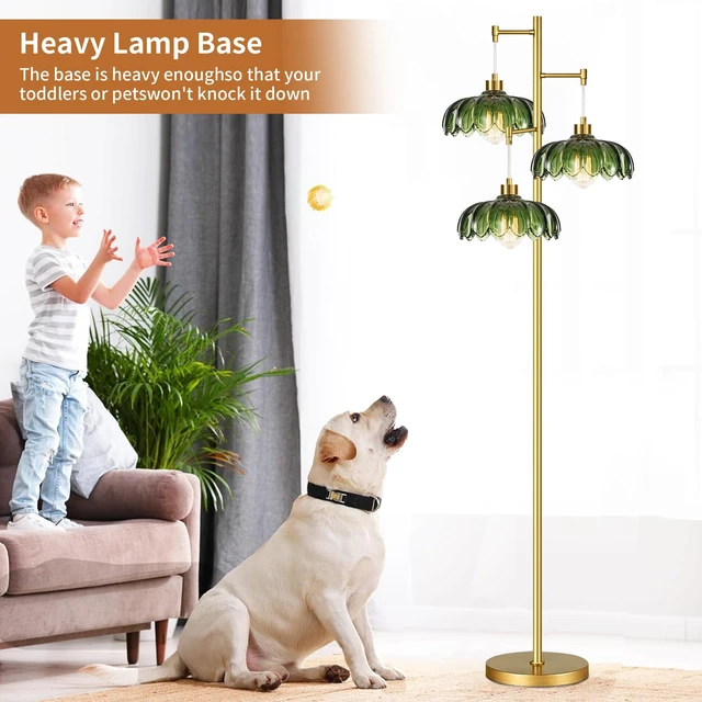 Alt view image 3 of 7 - Glass Gold Floor Lamp for Living Room,Bedroom,Mid Century Modern Standing Lamp Brass Tree 3 Light Tall Floor Lamps Vintage Retro Floor Lights Green Flower Lamp Shade Farmhouse Boho Bohemian