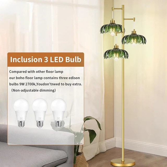 Alt view image 4 of 7 - Glass Gold Floor Lamp for Living Room,Bedroom,Mid Century Modern Standing Lamp Brass Tree 3 Light Tall Floor Lamps Vintage Retro Floor Lights Green Flower Lamp Shade Farmhouse Boho Bohemian