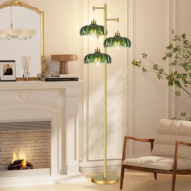 Alt view image 6 of 7 - Glass Gold Floor Lamp for Living Room,Bedroom,Mid Century Modern Standing Lamp Brass Tree 3 Light Tall Floor Lamps Vintage Retro Floor Lights Green Flower Lamp Shade Farmhouse Boho Bohemian