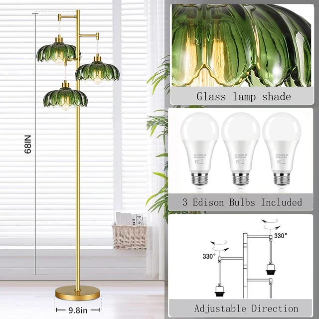 Alt view image 7 of 7 - Glass Gold Floor Lamp for Living Room,Bedroom,Mid Century Modern Standing Lamp Brass Tree 3 Light Tall Floor Lamps Vintage Retro Floor Lights Green Flower Lamp Shade Farmhouse Boho Bohemian