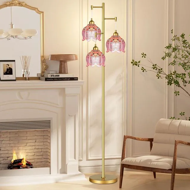 Alt view image 3 of 7 - Glass Floor Lamp for Living Room,Bedroom,Gold Flower Mid Century Modern Standing Lamp Brass Tree 3 Light Tall Floor Lamps Vintage Floor Lights Pink Lamp Shade Farmhouse Boho Bohemian