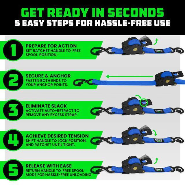 Alt view image 6 of 7 - Retractable Ratchet Straps (4-Pack) - 1in x 10ft, Blue 1,209lb Break Strength, Auto Self Retracting Design. For Truck, Cargo Trailer, Motorcycle, ATV & UTV Tie Downs. Blue