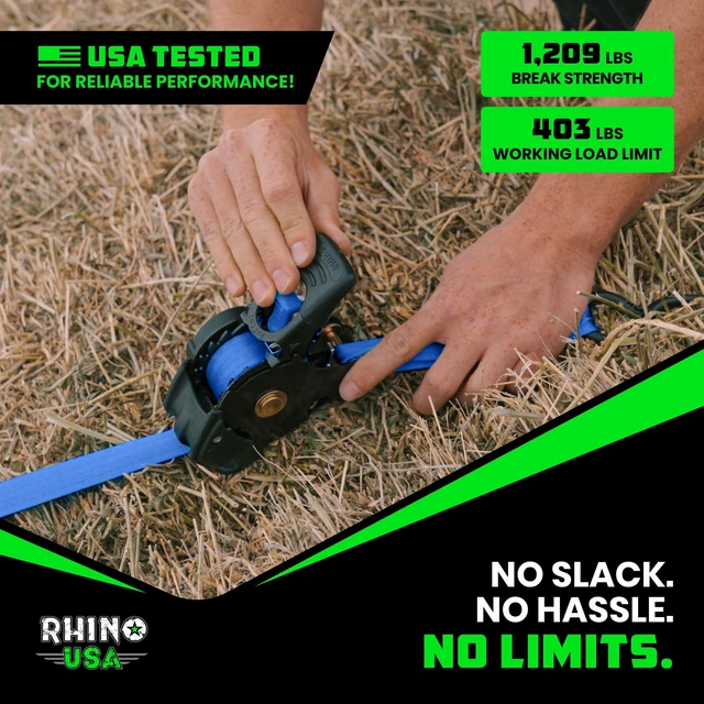 Alt view image 7 of 7 - Retractable Ratchet Straps (4-Pack) - 1in x 10ft, Blue 1,209lb Break Strength, Auto Self Retracting Design. For Truck, Cargo Trailer, Motorcycle, ATV & UTV Tie Downs. Blue
