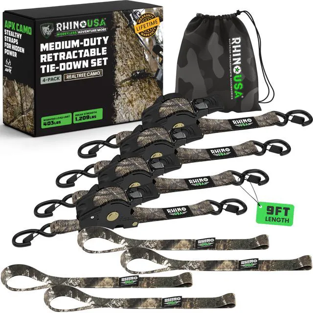 Main image of Retractable Ratchet Straps (4-Pack) - 1in x 9ft, Camo 1,209lb Break Strength, Auto Self Retracting Design. For Truck, Cargo Trailer, Motorcycle, ATV & UTV Tie Downs. Camo