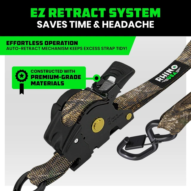 Alt view image 4 of 7 - Retractable Ratchet Straps (4-Pack) - 1in x 9ft, Camo 1,209lb Break Strength, Auto Self Retracting Design. For Truck, Cargo Trailer, Motorcycle, ATV & UTV Tie Downs. Camo