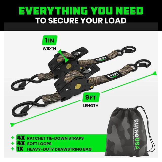 Alt view image 6 of 7 - Retractable Ratchet Straps (4-Pack) - 1in x 9ft, Camo 1,209lb Break Strength, Auto Self Retracting Design. For Truck, Cargo Trailer, Motorcycle, ATV & UTV Tie Downs. Camo