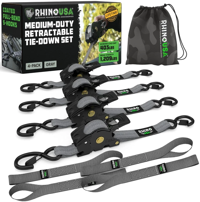 Main image of Retractable Ratchet Straps (4-Pack) - 1in x 10ft, Gray 1,209lb Break Strength, Auto Self Retracting Design. For Truck, Cargo Trailer, Motorcycle, ATV & UTV Tie Downs. Gray