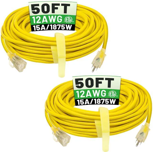 Main image of 2 Pack 50 FT 12/3 Outdoor Extension Cord Heavy Duty Power Cord Waterproof Heavy Duty with Hook, Lighted Indicator End, 50 Foot Flexible Cold-Resistant, 2Pack 15A 1875W SJTW, ETL Listed