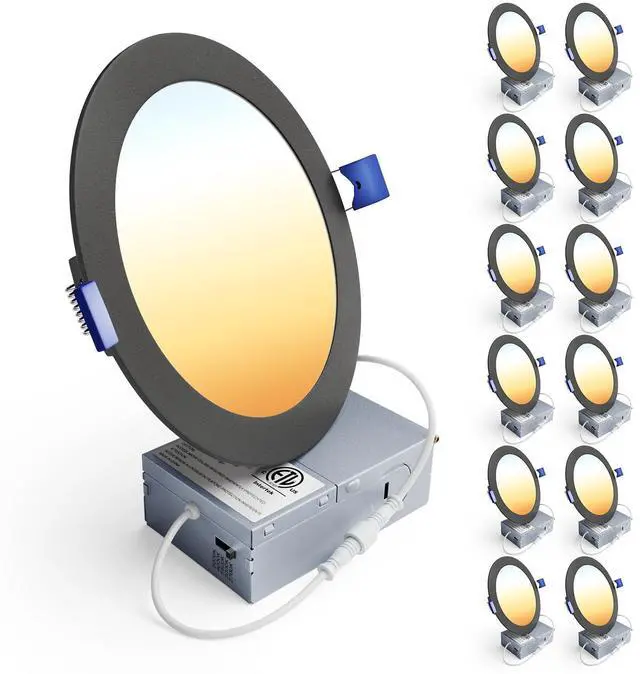Main image of 12 Pack 6 Inch LED Recessed Ceiling Light,Black,5CCT,1200LM 12W 2700K-5000K Selectable, 5%-100% Dimming, 120V, Ultra-Thin Canless Wafer Downlight with Junction Box, Damp Rated, ETL&FCC&IC