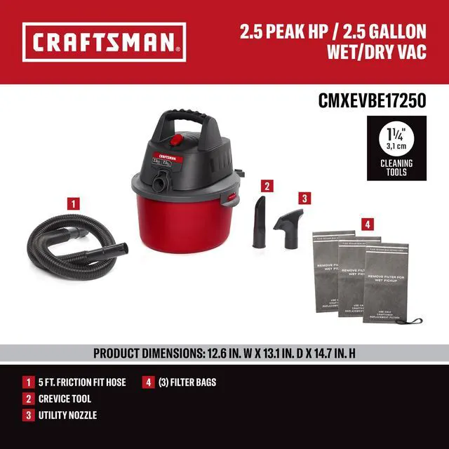 Alt view image 3 of 7 - CMXEVBE17250 2.5 Gallon 2.5 Peak HP Wet Dry Shop Vacuum Bundle Portable Wet and Dry Vac with 4 Filter Bags, Retaining Band, Hose and Attachments for Cleaning in the Home