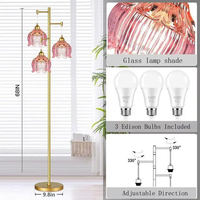 Alt view image 5 of 7 - Glass Floor Lamp for Living Room,Bedroom,Gold Flower Mid Century Modern Standing Lamp Brass Tree 3 Light Tall Floor Lamps Vintage Floor Lights Pink Lamp Shade Farmhouse Boho Bohemian