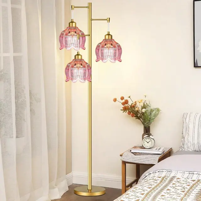 Alt view image 6 of 7 - Glass Floor Lamp for Living Room,Bedroom,Gold Flower Mid Century Modern Standing Lamp Brass Tree 3 Light Tall Floor Lamps Vintage Floor Lights Pink Lamp Shade Farmhouse Boho Bohemian