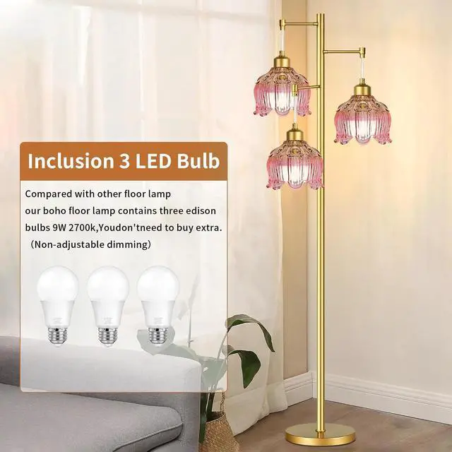 Alt view image 4 of 7 - Glass Floor Lamp for Living Room,Bedroom,Gold Flower Mid Century Modern Standing Lamp Brass Tree 3 Light Tall Floor Lamps Vintage Floor Lights Pink Lamp Shade Farmhouse Boho Bohemian