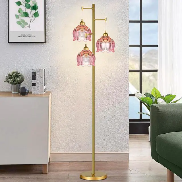 Alt view image 7 of 7 - Glass Floor Lamp for Living Room,Bedroom,Gold Flower Mid Century Modern Standing Lamp Brass Tree 3 Light Tall Floor Lamps Vintage Floor Lights Pink Lamp Shade Farmhouse Boho Bohemian