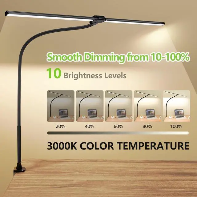 Alt view image 2 of 7 - LED Desk Lamp for Home Office, 3000K Warm White Double Head Architect Task Lamps with Clamp, Dimmable Adjustable Flexible, Black