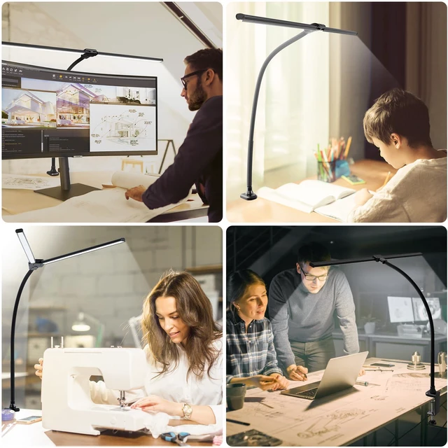 Alt view image 3 of 7 - LED Desk Lamp for Home Office, 3000K Warm White Double Head Architect Task Lamps with Clamp, Dimmable Adjustable Flexible, Black