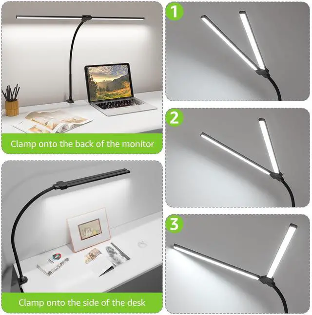 Alt view image 6 of 7 - LED Desk Lamp for Home Office, 3000K Warm White Double Head Architect Task Lamps with Clamp, Dimmable Adjustable Flexible, Black