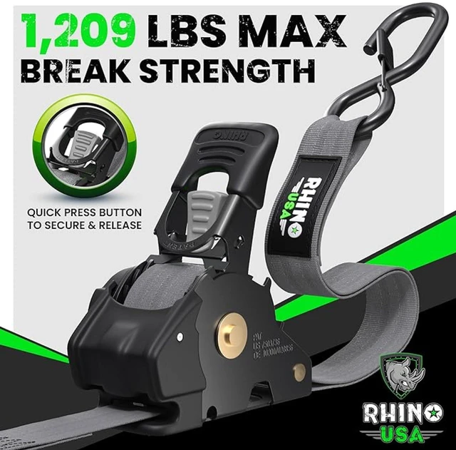 Alt view image 2 of 7 - Retractable Ratchet Straps (4-Pack) - 1in x 10ft, Gray 1,209lb Break Strength, Auto Self Retracting Design. For Truck, Cargo Trailer, Motorcycle, ATV & UTV Tie Downs. Gray