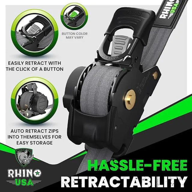 Alt view image 3 of 7 - Retractable Ratchet Straps (4-Pack) - 1in x 10ft, Gray 1,209lb Break Strength, Auto Self Retracting Design. For Truck, Cargo Trailer, Motorcycle, ATV & UTV Tie Downs. Gray