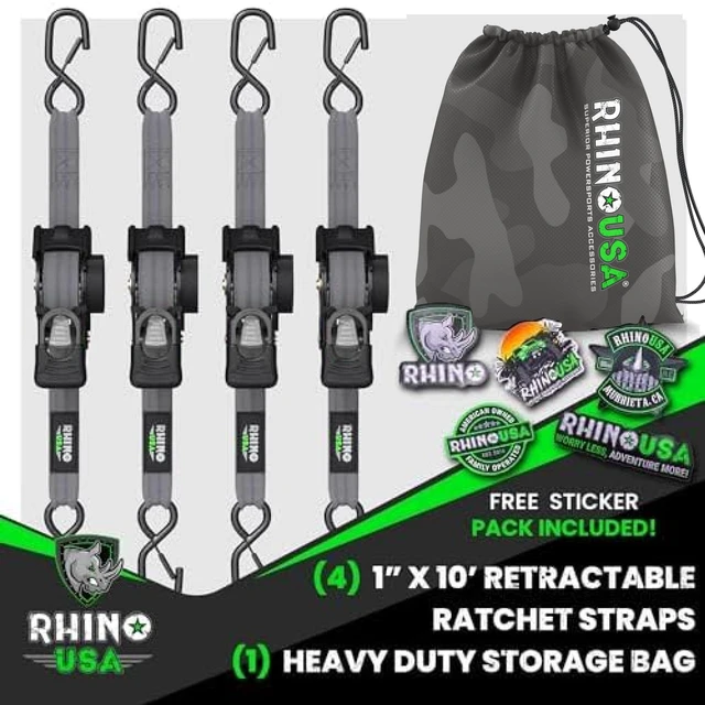 Alt view image 6 of 7 - Retractable Ratchet Straps (4-Pack) - 1in x 10ft, Gray 1,209lb Break Strength, Auto Self Retracting Design. For Truck, Cargo Trailer, Motorcycle, ATV & UTV Tie Downs. Gray