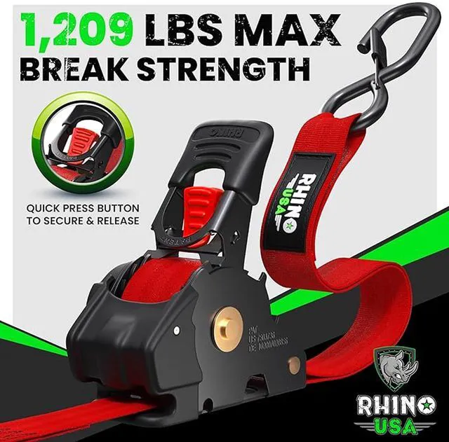 Alt view image 2 of 7 - Retractable Ratchet Straps (4-Pack) - 1in x 10ft, Red 1,209lb Break Strength, Auto Self Retracting Design. For Truck, Cargo Trailer, Motorcycle, ATV & UTV Tie Downs. Red