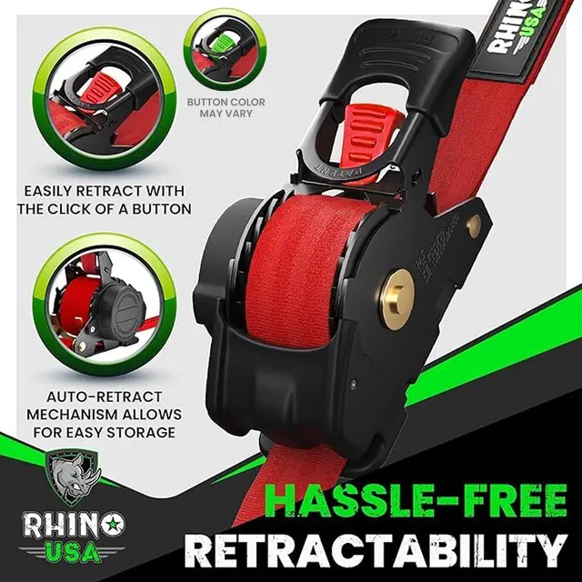 Alt view image 3 of 7 - Retractable Ratchet Straps (4-Pack) - 1in x 10ft, Red 1,209lb Break Strength, Auto Self Retracting Design. For Truck, Cargo Trailer, Motorcycle, ATV & UTV Tie Downs. Red