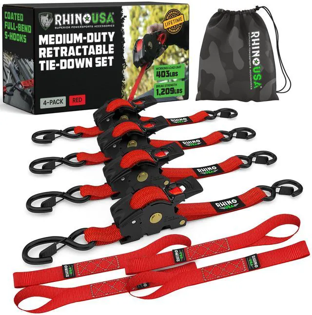 Main image of Retractable Ratchet Straps (4-Pack) - 1in x 10ft, Red 1,209lb Break Strength, Auto Self Retracting Design. For Truck, Cargo Trailer, Motorcycle, ATV & UTV Tie Downs. Red