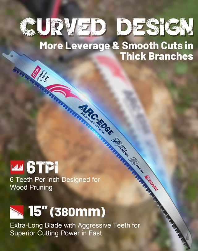 Alt view image 2 of 7 - Arc Edge Reciprocating Saw Blades, 15-Inch 6TPI for Pruning, 10-Pack Extra-Long Arc Edge, Chrome Vanadium Steel, Fleam Ground Teeth, Up to 3x Life, for Tree Trimming, Larger Branches