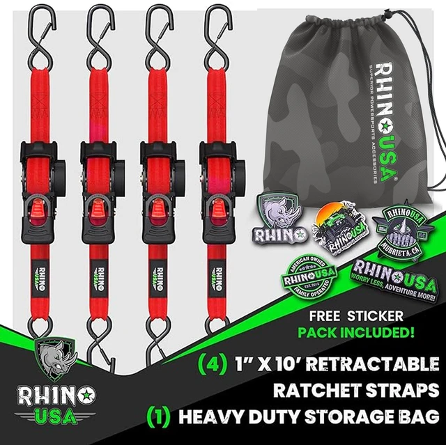Alt view image 6 of 7 - Retractable Ratchet Straps (4-Pack) - 1in x 10ft, Red 1,209lb Break Strength, Auto Self Retracting Design. For Truck, Cargo Trailer, Motorcycle, ATV & UTV Tie Downs. Red