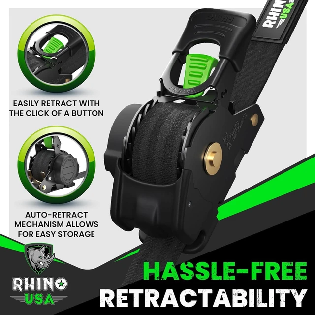 Alt view image 3 of 7 - Retractable Ratchet Straps (4-Pack) - 1in x 10ft, Black 1,209lb Break Strength, Auto Self Retracting Design. For Truck, Cargo Trailer, Motorcycle, ATV & UTV Tie Downs. Black