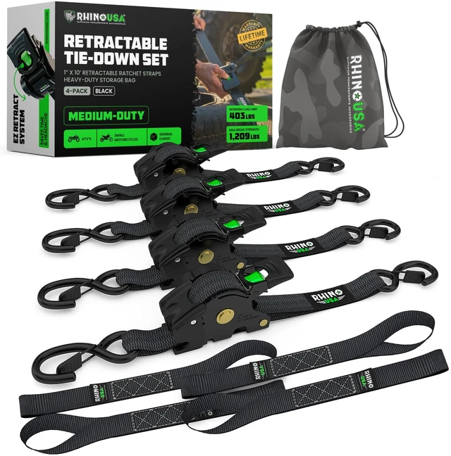 Main image of Retractable Ratchet Straps (4-Pack) - 1in x 10ft, Black 1,209lb Break Strength, Auto Self Retracting Design. For Truck, Cargo Trailer, Motorcycle, ATV & UTV Tie Downs. Black