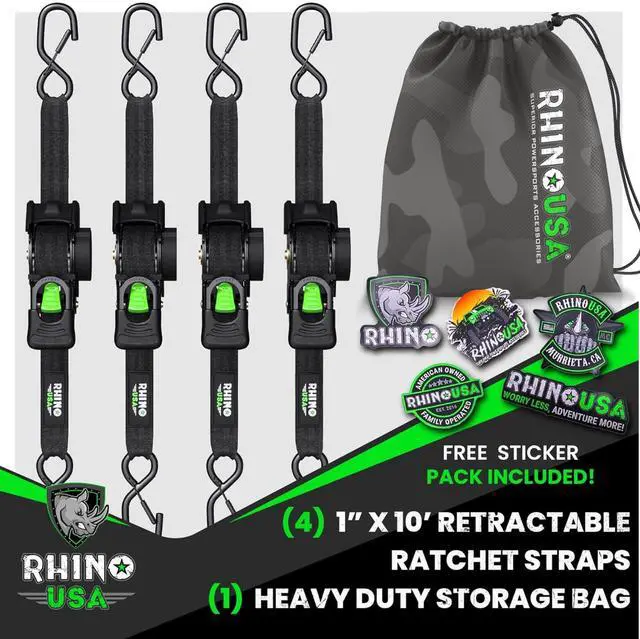 Alt view image 6 of 7 - Retractable Ratchet Straps (4-Pack) - 1in x 10ft, Black 1,209lb Break Strength, Auto Self Retracting Design. For Truck, Cargo Trailer, Motorcycle, ATV & UTV Tie Downs. Black