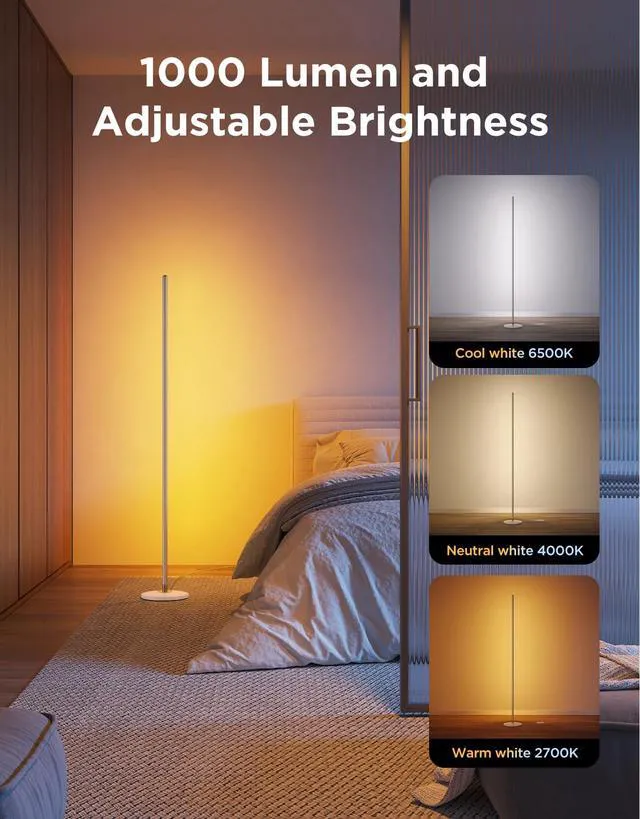 Alt view image 7 of 7 - RGBIC Floor Lamp Basic, 1000lm LED Corner Lamp, Champagne Works with Alexa, Smart Modern Floor Lamp with Music Sync and 16 Million DIY Colors, Color Changing Standing Lamp for Bedroom