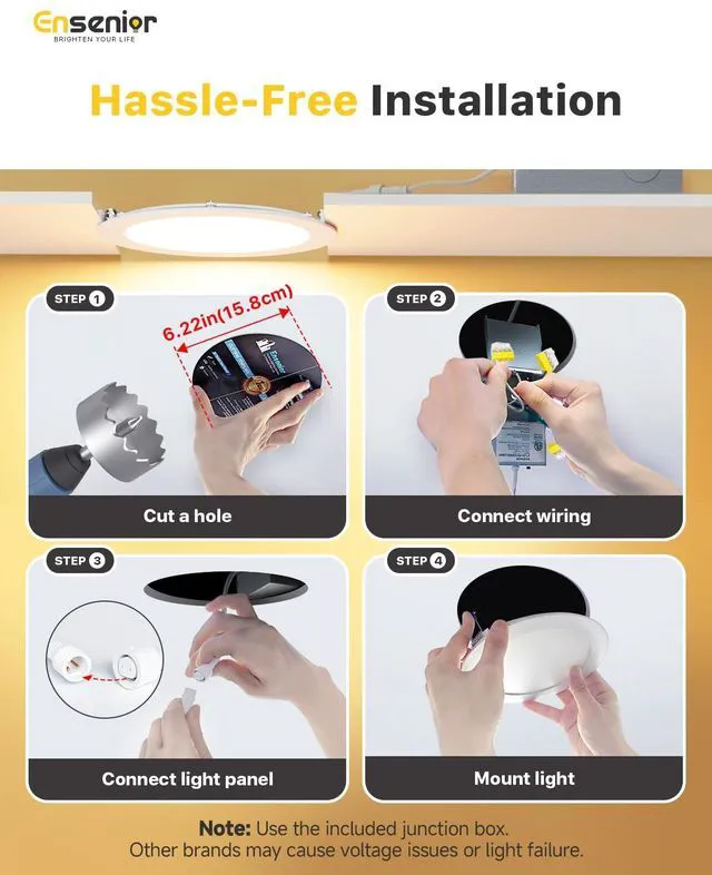 Alt view image 6 of 7 - 12 Pack 6 Inch LED Recessed Ceiling Light, 5000K, 1200LM 12W 120V 5%-100% Dimming, Ultra-Thin Canless Wafer Downlight with Junction Box, High Brightness, Damp Rated, ETL&FCC&IC