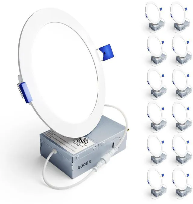 Main image of 12 Pack 6 Inch LED Recessed Ceiling Light, 6000K, 1200LM 12W 120V 5%-100% Dimming, Ultra-Thin Canless Wafer Downlight with Junction Box, High Brightness, Damp Rated, ETL&FCC&IC