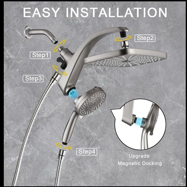 Alt view image 6 of 7 - Rain Shower Head with Handheld Showerhead, Nickel 1.8GPM 460311 + Holder 12" High Pressure Rainfall Shower Heads, 9 Sprays Handheld Showerheads, Magnetic Docking, Power Jets, 59" Shower Hose