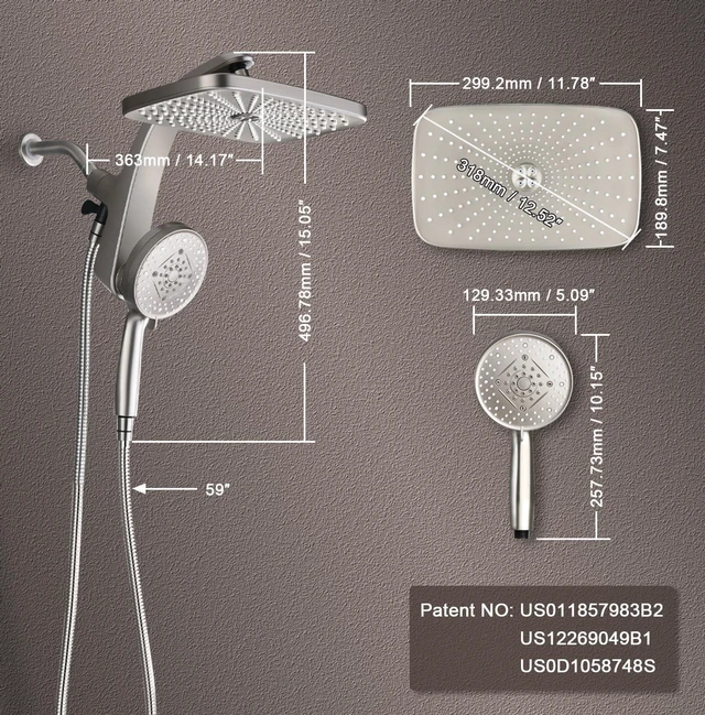 Alt view image 7 of 7 - Rain Shower Head with Handheld Showerhead, Nickel 1.8GPM 460311 + Holder 12" High Pressure Rainfall Shower Heads, 9 Sprays Handheld Showerheads, Magnetic Docking, Power Jets, 59" Shower Hose