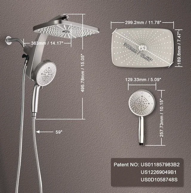 Alt view image 7 of 7 - Rain Shower Head with Handheld Showerhead, Nickel 1.8GPM 460311 12" High Pressure Rainfall Shower Heads, 9 Sprays Handheld Showerheads, Magnetic Docking, Power Jets, 59" Shower Hose