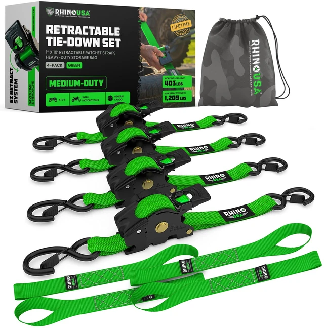 Main image of Retractable Ratchet Straps (4-Pack) - 1in x 10ft, Green 1,209lb Break Strength, Auto Self Retracting Design. For Truck, Cargo Trailer, Motorcycle, ATV & UTV Tie Downs. Green