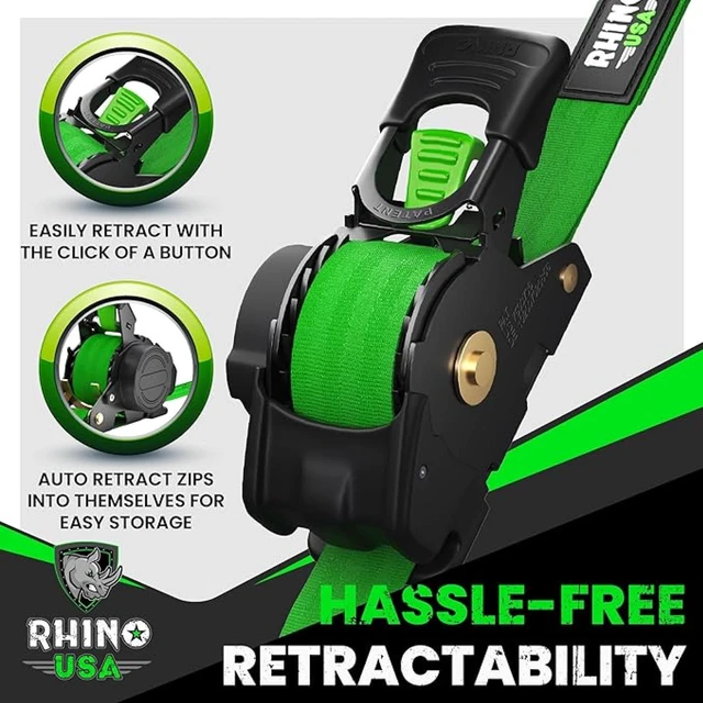 Alt view image 3 of 7 - Retractable Ratchet Straps (4-Pack) - 1in x 10ft, Green 1,209lb Break Strength, Auto Self Retracting Design. For Truck, Cargo Trailer, Motorcycle, ATV & UTV Tie Downs. Green