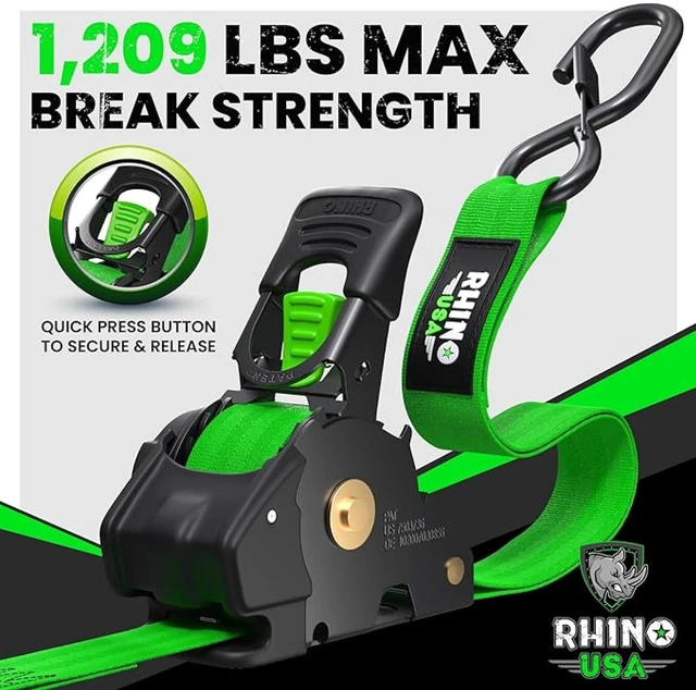Alt view image 2 of 7 - Retractable Ratchet Straps (4-Pack) - 1in x 10ft, Green 1,209lb Break Strength, Auto Self Retracting Design. For Truck, Cargo Trailer, Motorcycle, ATV & UTV Tie Downs. Green