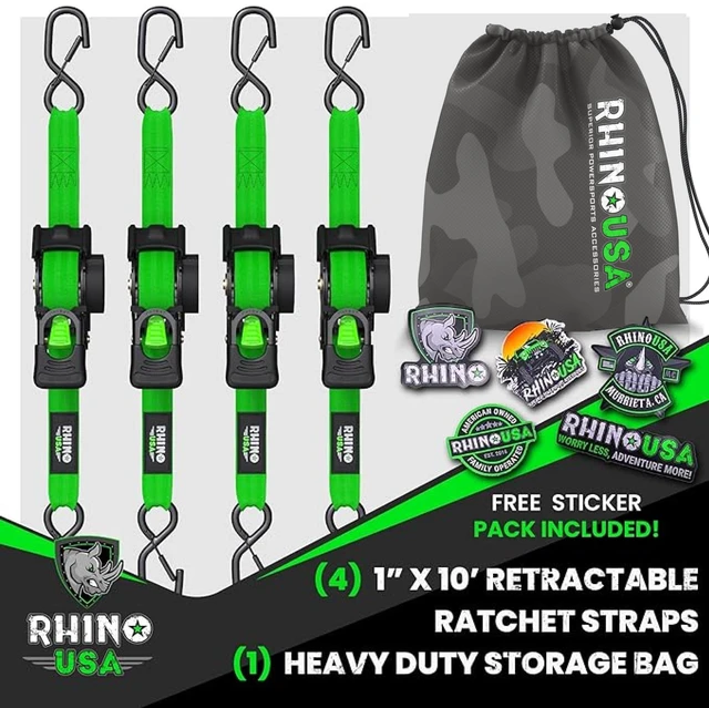 Alt view image 6 of 7 - Retractable Ratchet Straps (4-Pack) - 1in x 10ft, Green 1,209lb Break Strength, Auto Self Retracting Design. For Truck, Cargo Trailer, Motorcycle, ATV & UTV Tie Downs. Green